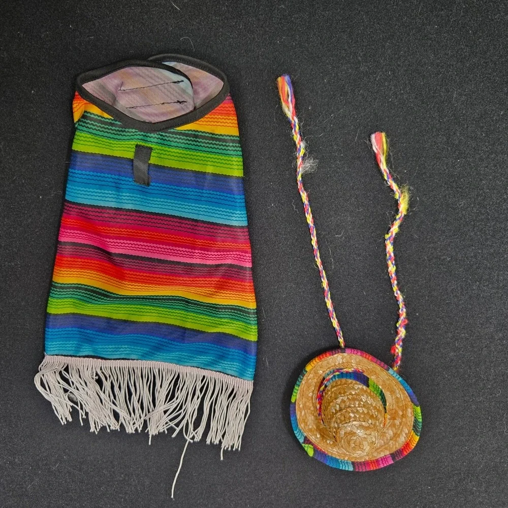 Rainbow Striped Dog Poncho and Sombrero Set Pet Costume Small Medium Festive